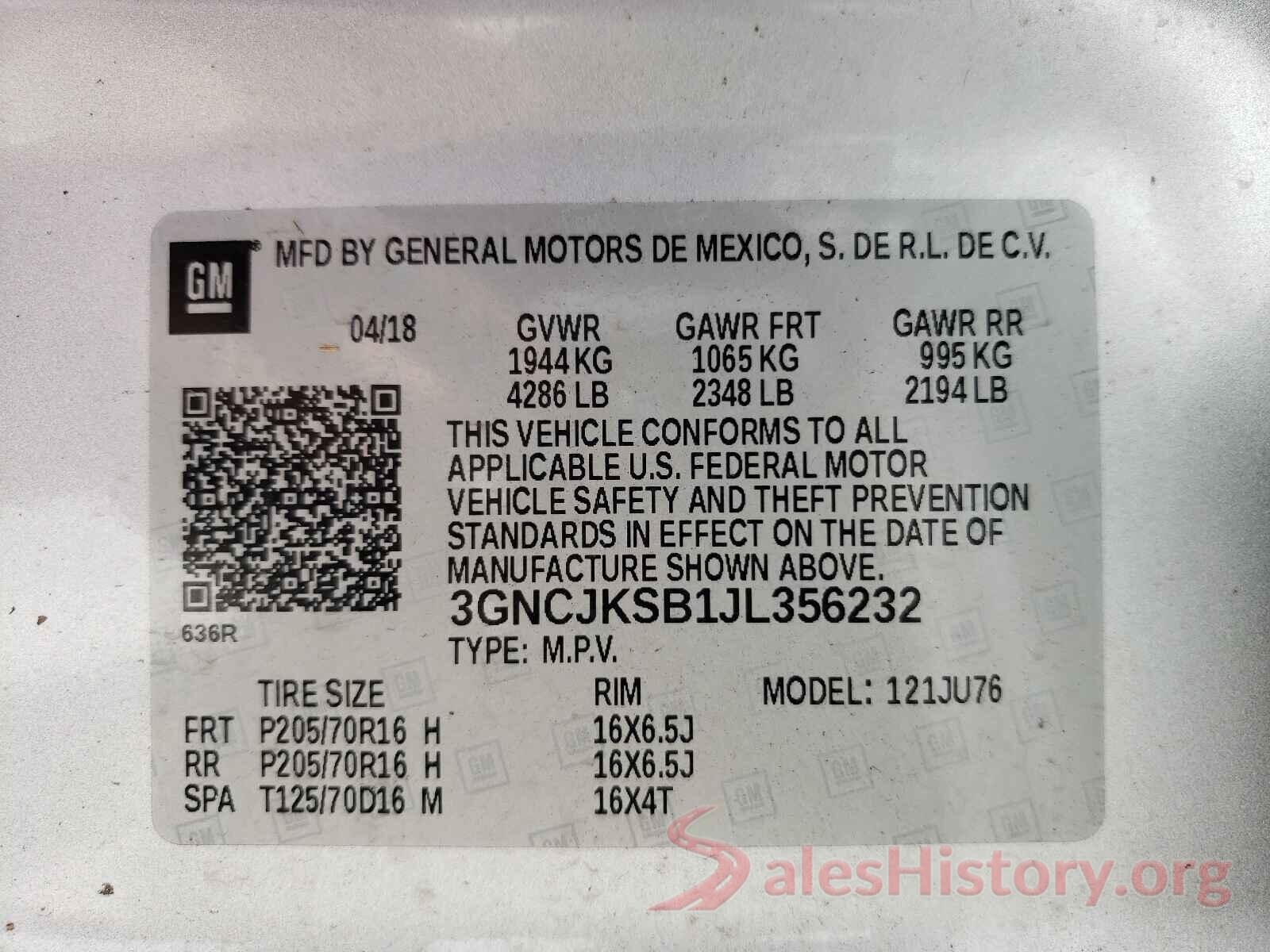 3GNCJKSB1JL356232 2018 CHEVROLET TRAX