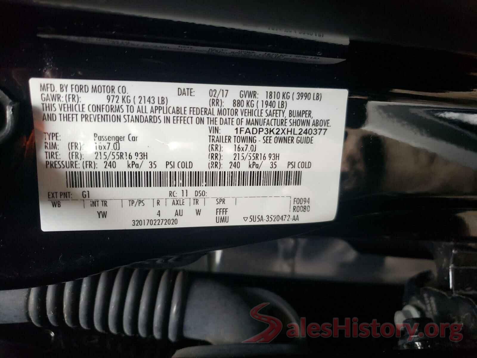 1FADP3K2XHL240377 2017 FORD FOCUS