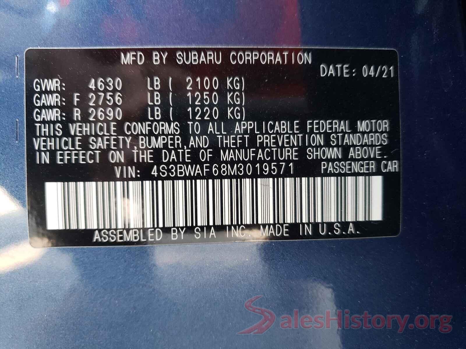 4S3BWAF68M3019571 2021 SUBARU LEGACY