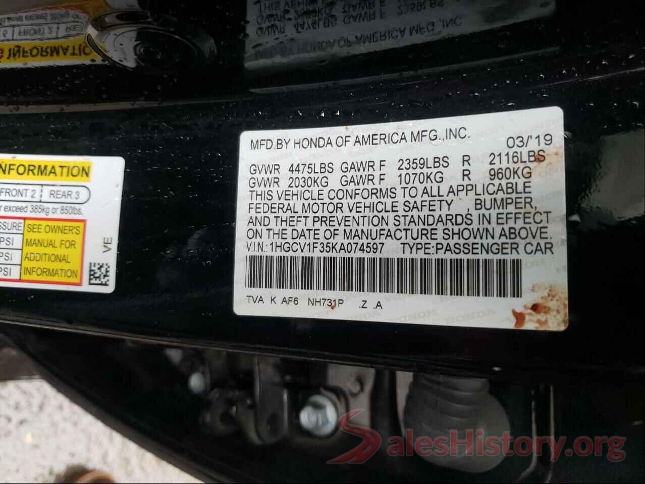 1HGCV1F35KA074597 2019 HONDA ACCORD