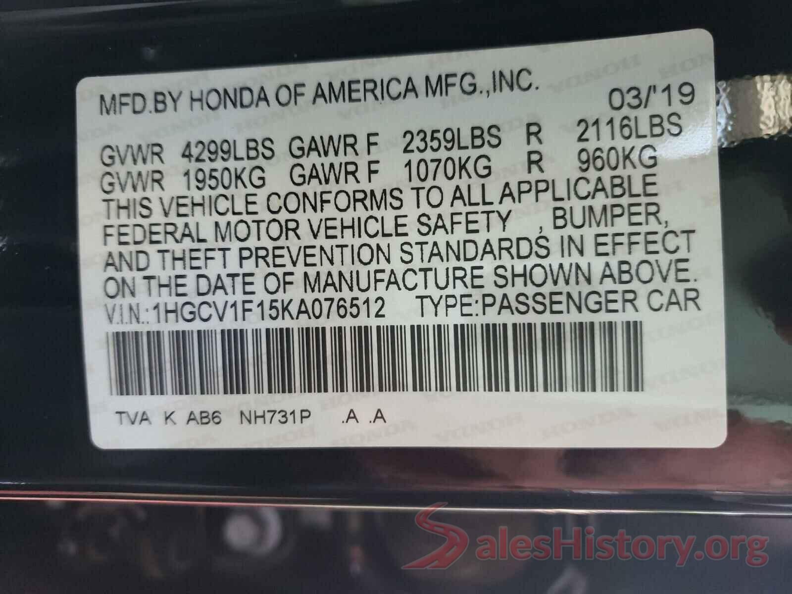 1HGCV1F15KA076512 2019 HONDA ACCORD