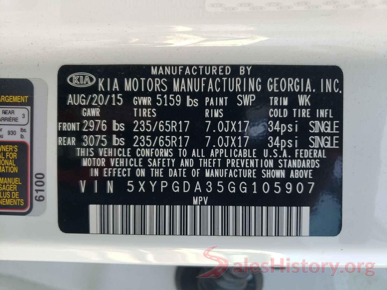 5XYPGDA35GG105907 2016 KIA SORENTO