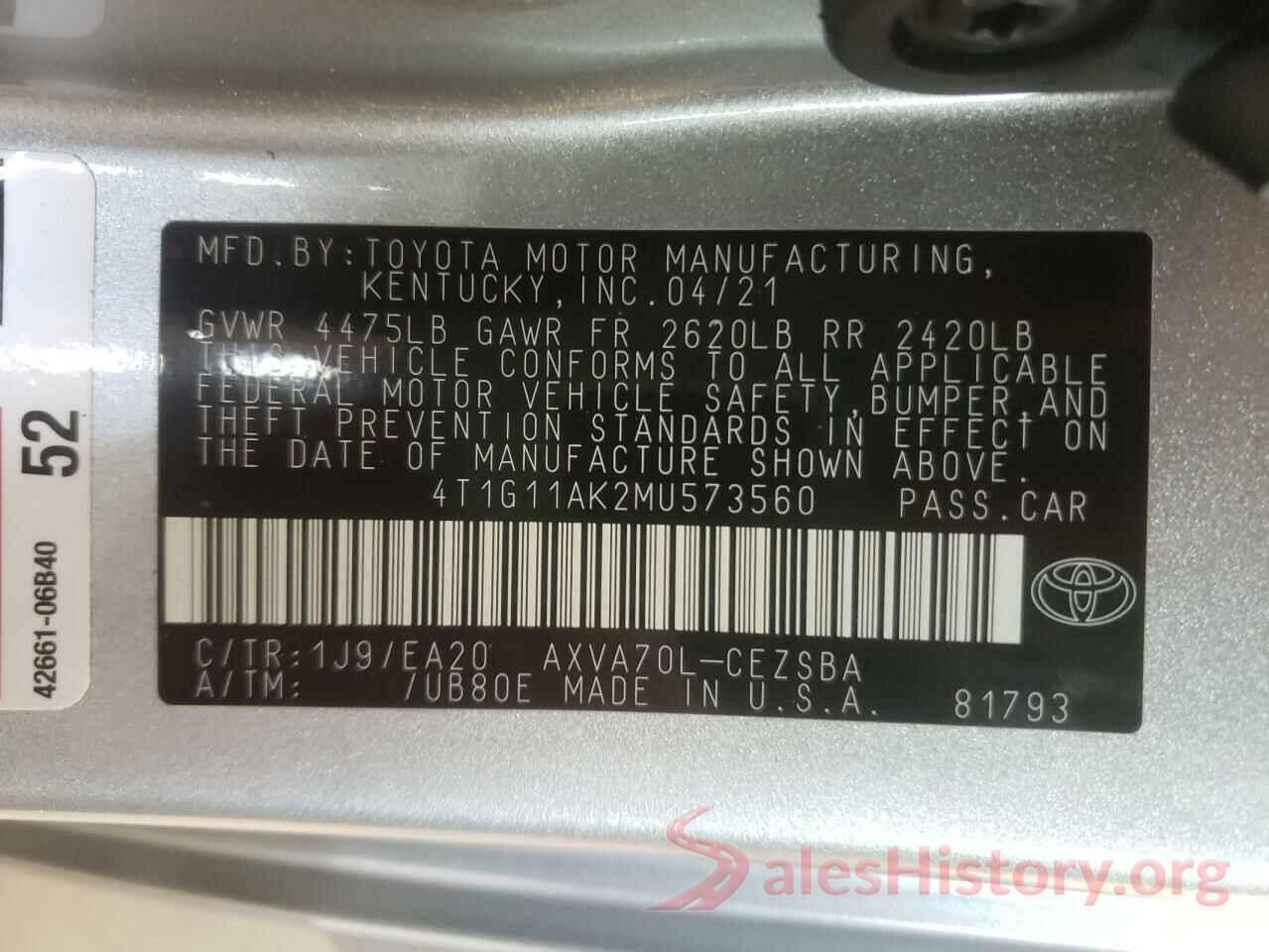 4T1G11AK2MU573560 2021 TOYOTA CAMRY