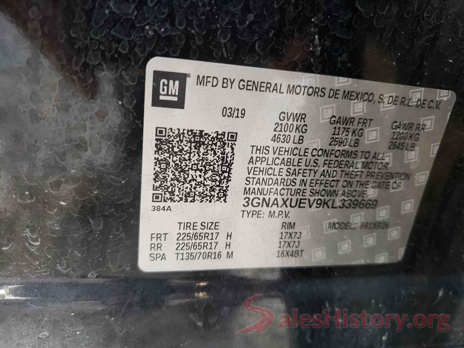 3GNAXUEV9KL339669 2019 CHEVROLET EQUINOX