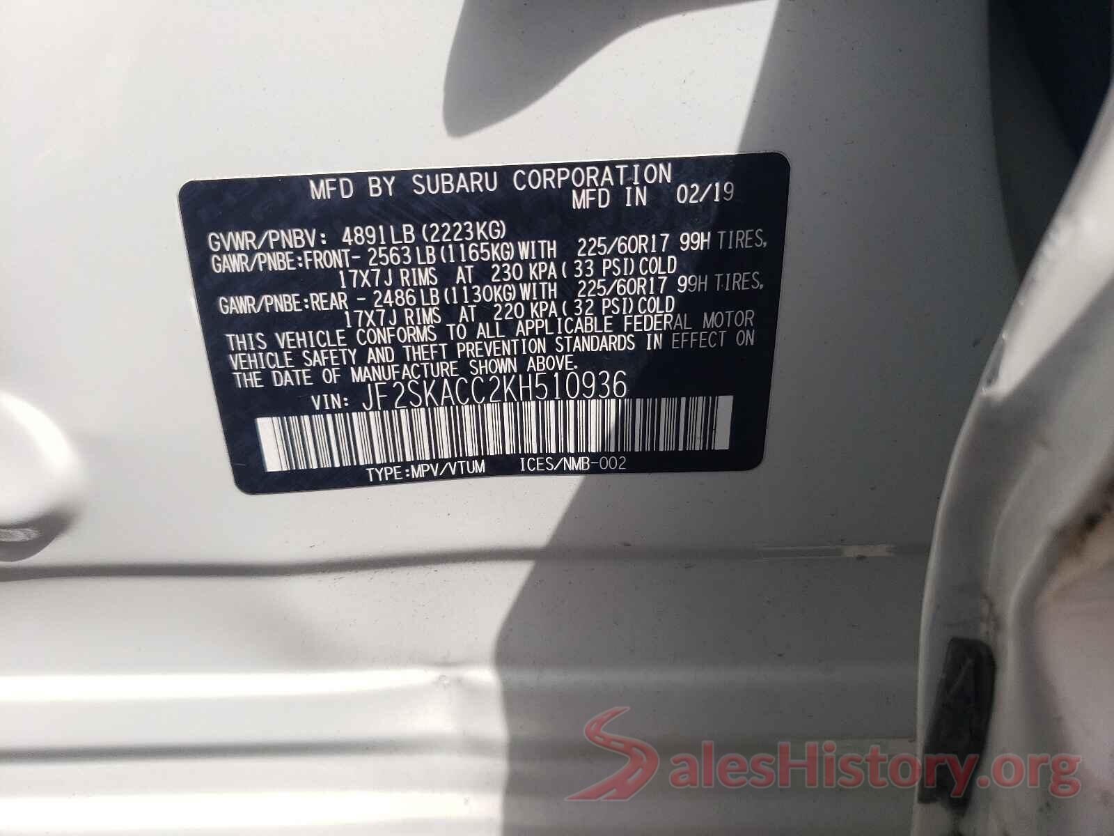 JF2SKACC2KH510936 2019 SUBARU FORESTER