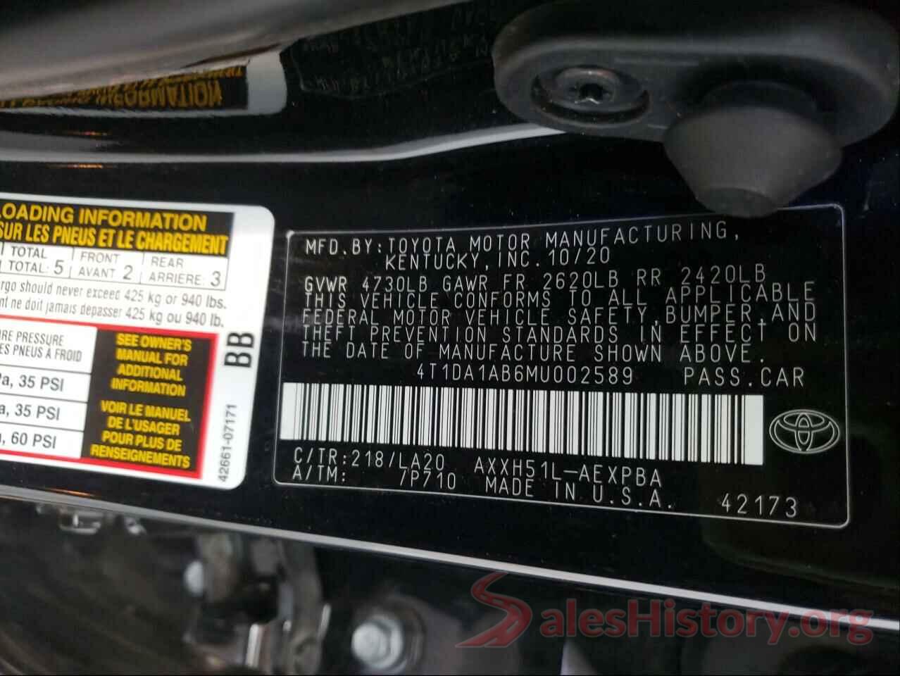 4T1DA1AB6MU002589 2021 TOYOTA AVALON