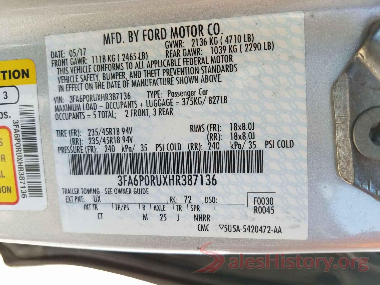 3FA6P0RUXHR387136 2017 FORD FUSION