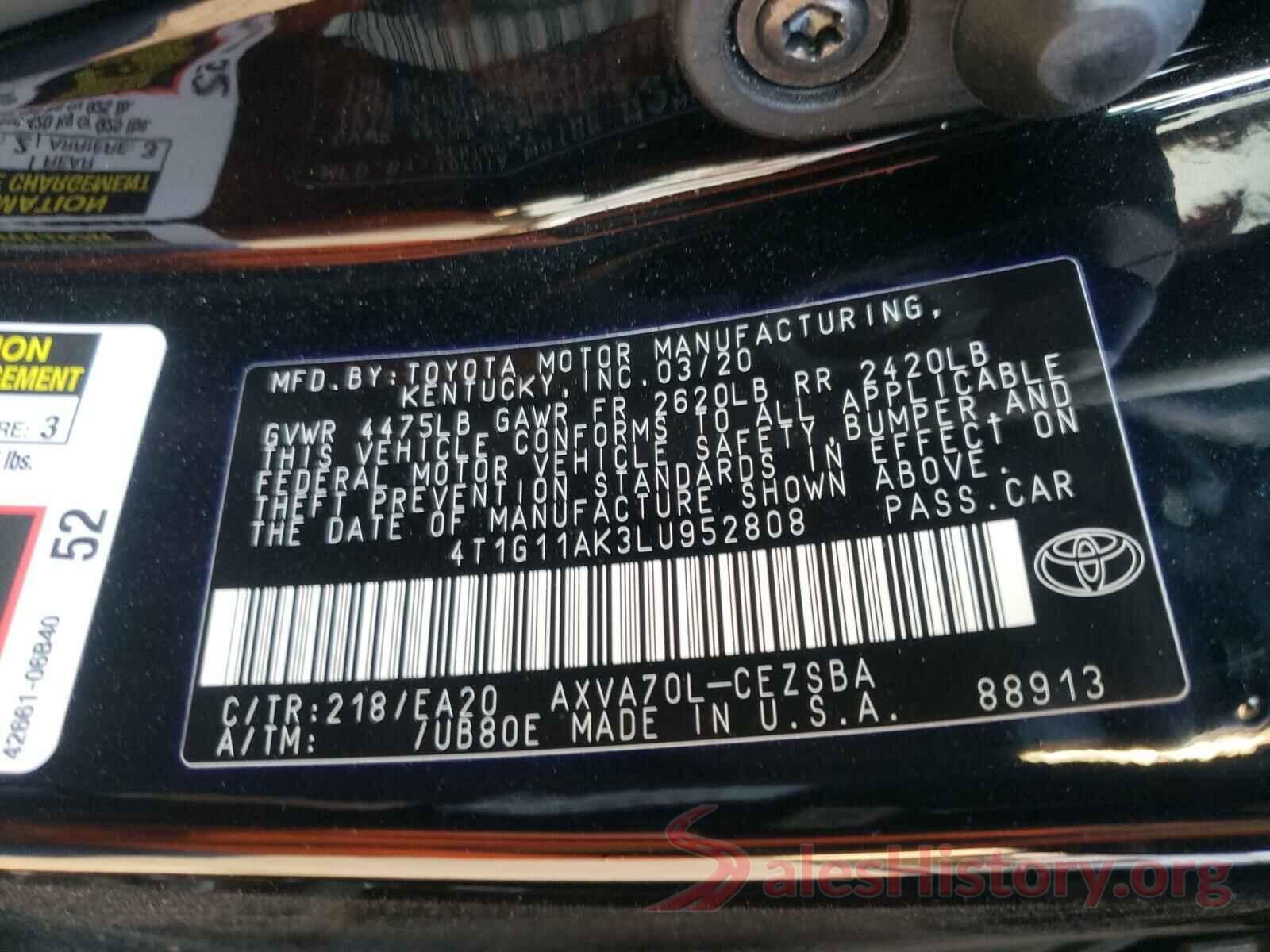 4T1G11AK3LU952808 2020 TOYOTA CAMRY