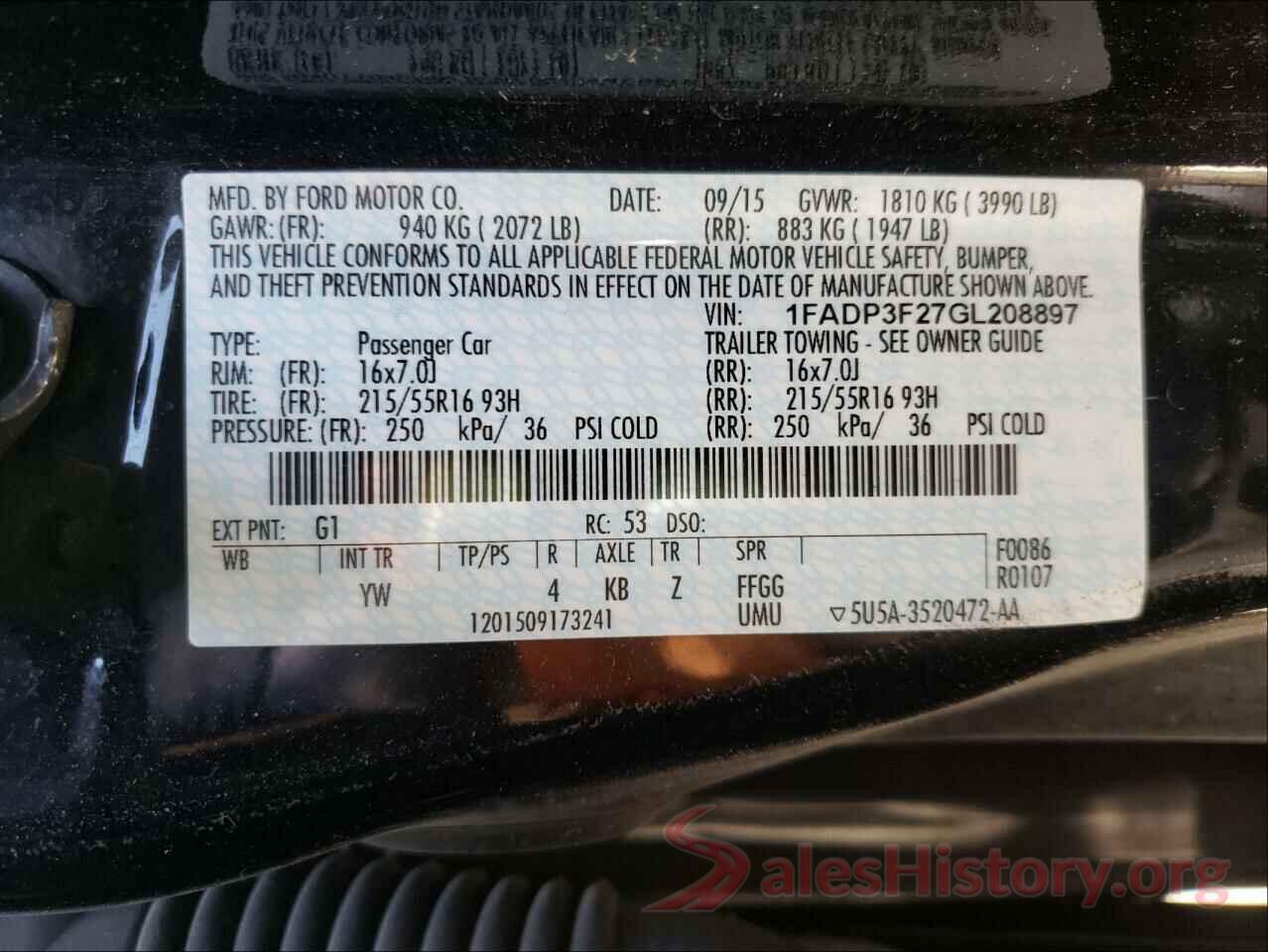 1FADP3F27GL208897 2016 FORD FOCUS