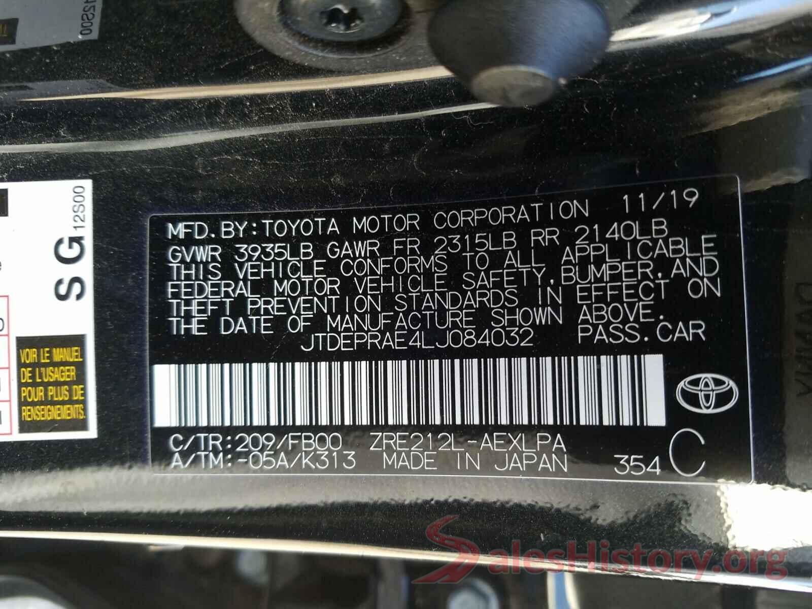 JTDEPRAE4LJ084032 2020 TOYOTA COROLLA