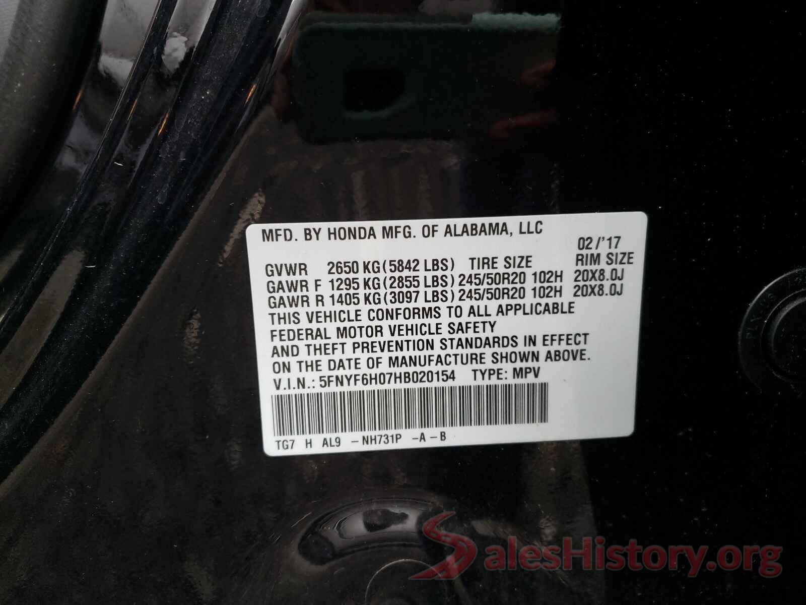 5FNYF6H07HB020154 2017 HONDA PILOT