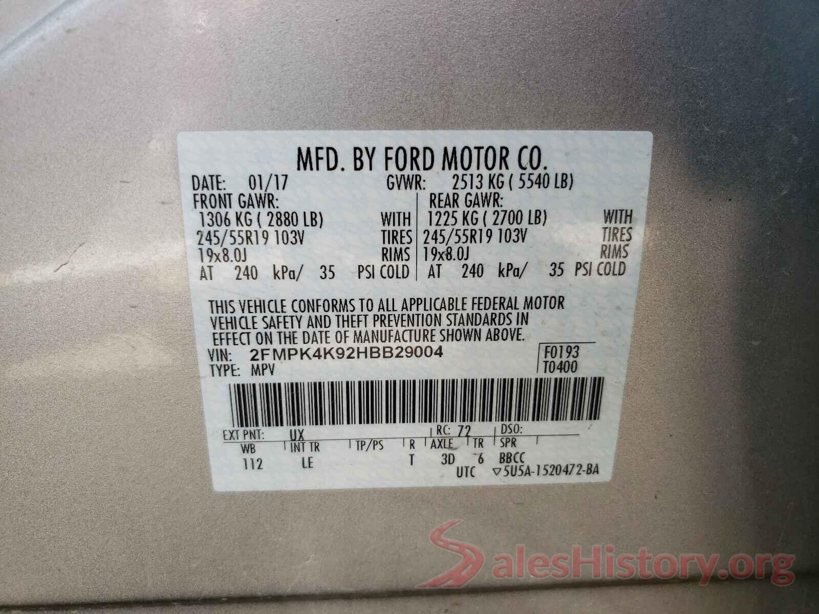 2FMPK4K92HBB29004 2017 FORD EDGE