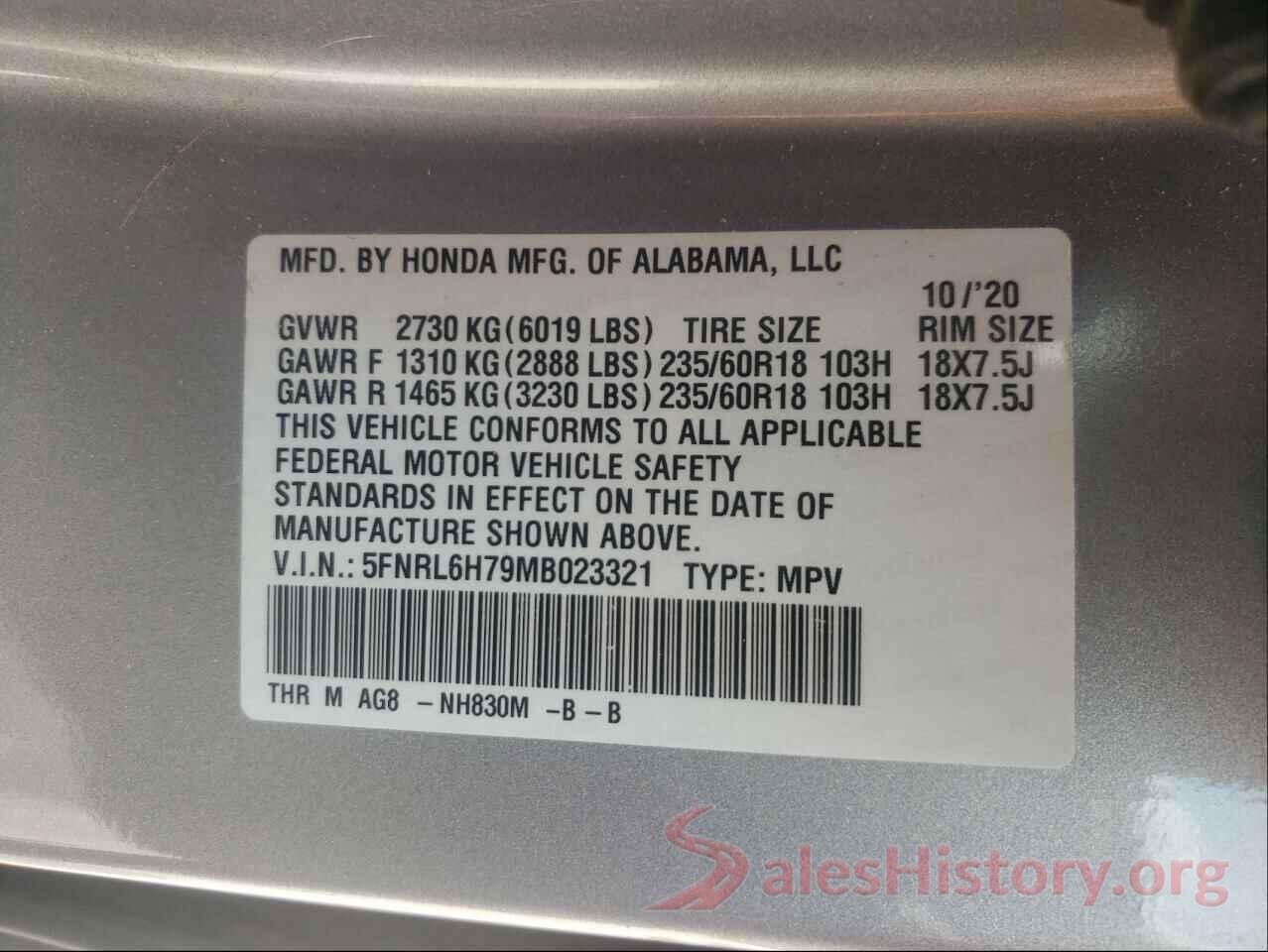 5FNRL6H79MB023321 2021 HONDA ODYSSEY