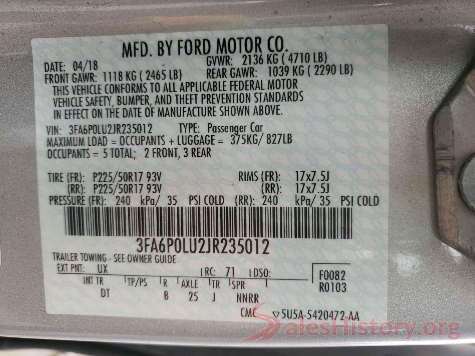 3FA6P0LU2JR235012 2018 FORD FUSION