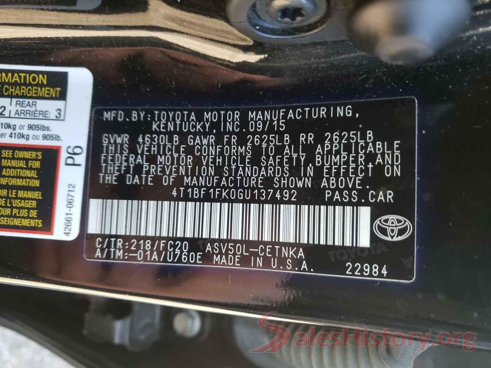 4T1BF1FK0GU137492 2016 TOYOTA CAMRY