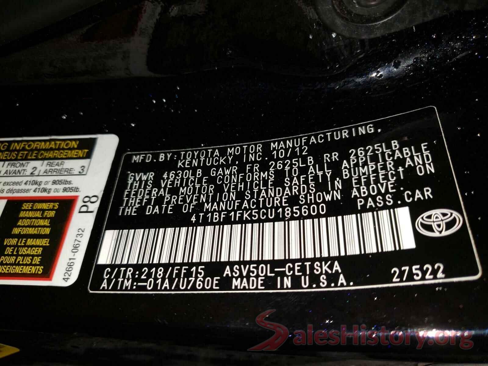 4T1BF1FK5CU185600 2012 TOYOTA CAMRY