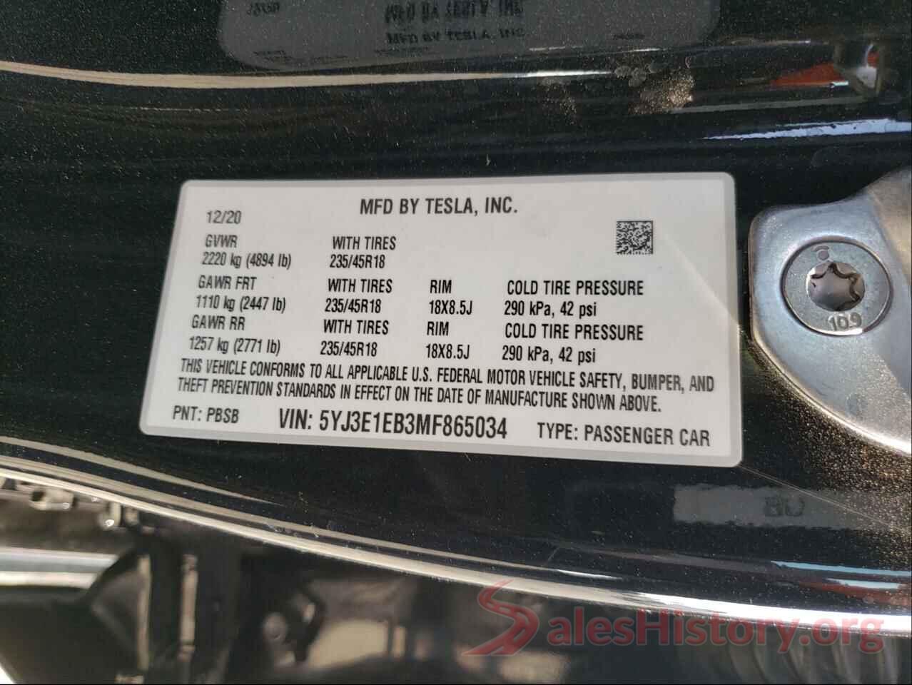 5YJ3E1EB3MF865034 2021 TESLA MODEL 3