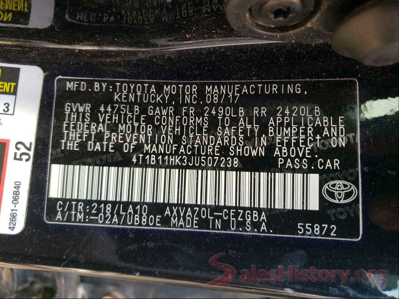 4T1B11HK3JU507238 2018 TOYOTA CAMRY