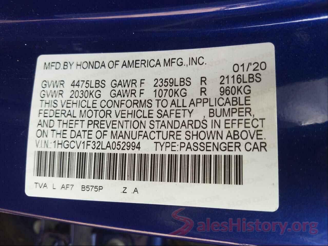 1HGCV1F32LA052994 2020 HONDA ACCORD