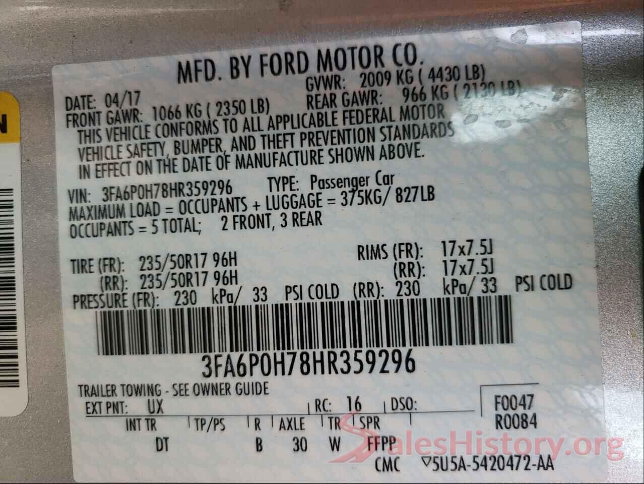 3FA6P0H78HR359296 2017 FORD FUSION