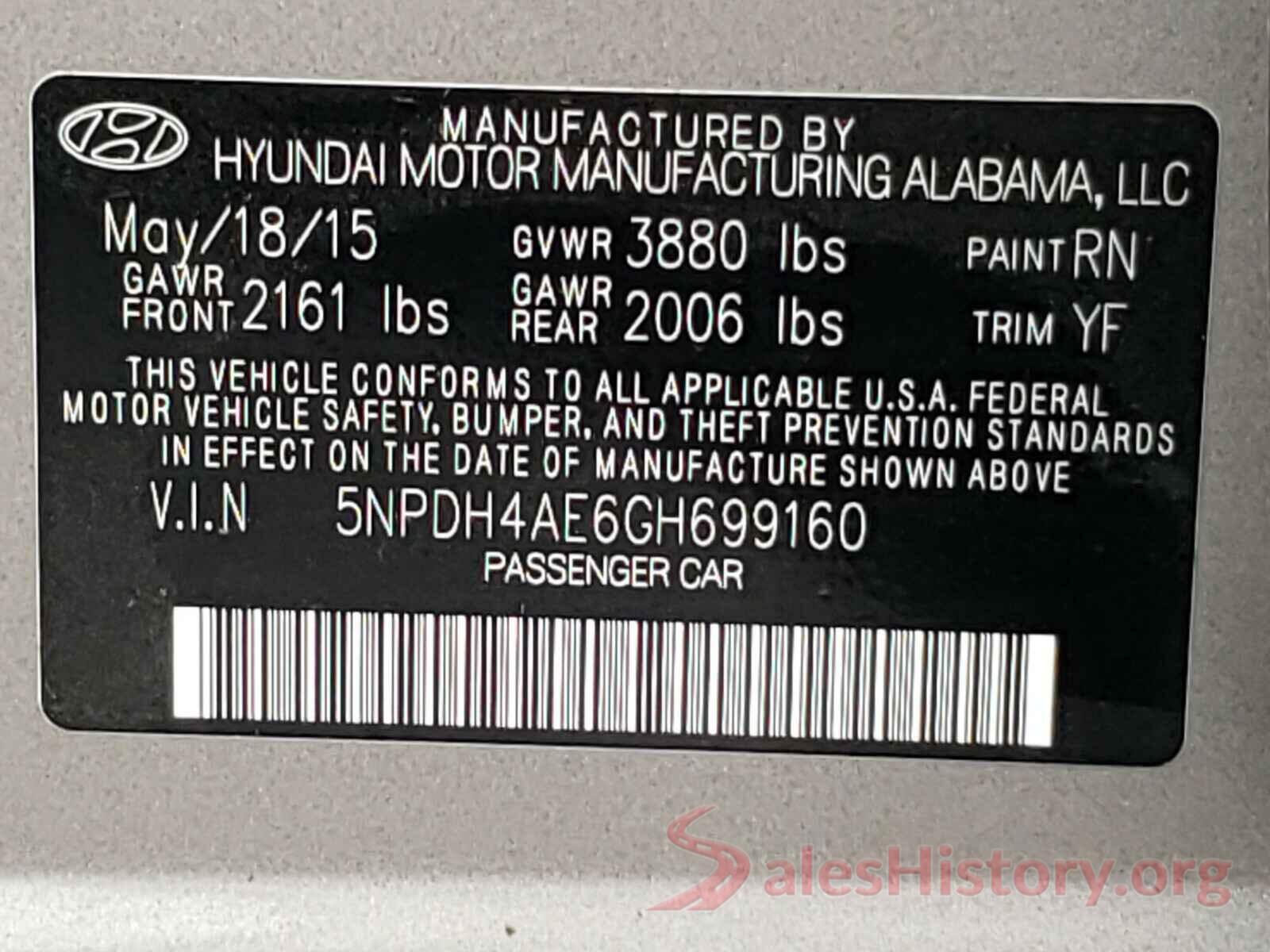 5NPDH4AE6GH699160 2016 HYUNDAI ELANTRA