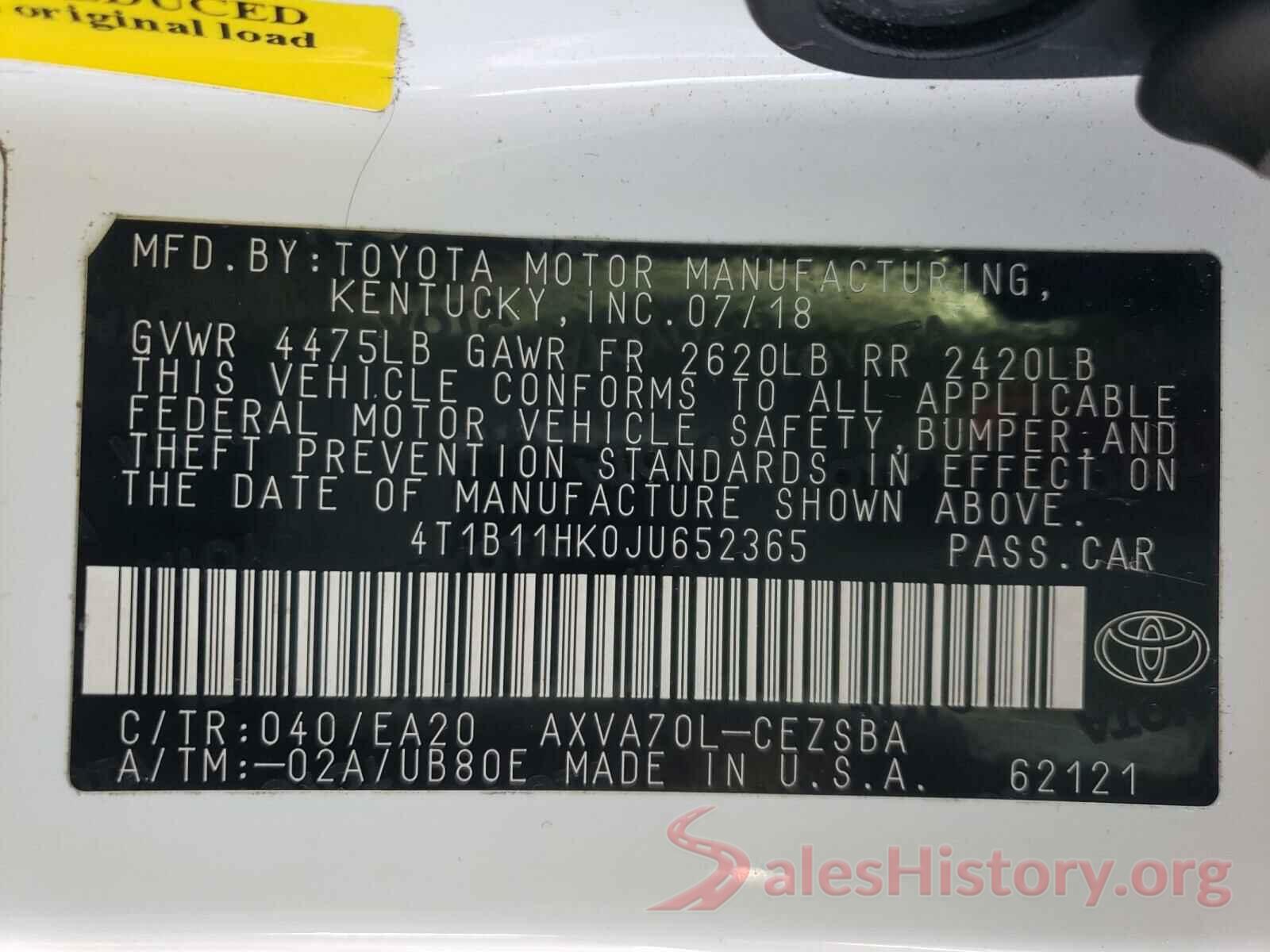 4T1B11HK0JU652365 2018 TOYOTA CAMRY