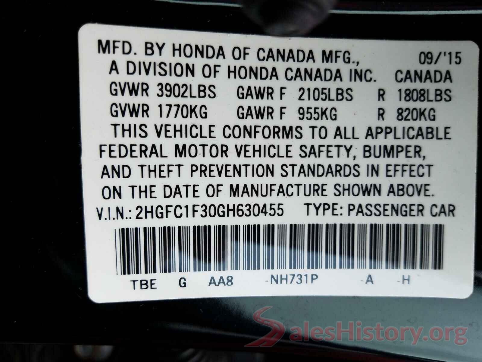 2HGFC1F30GH630455 2016 HONDA CIVIC