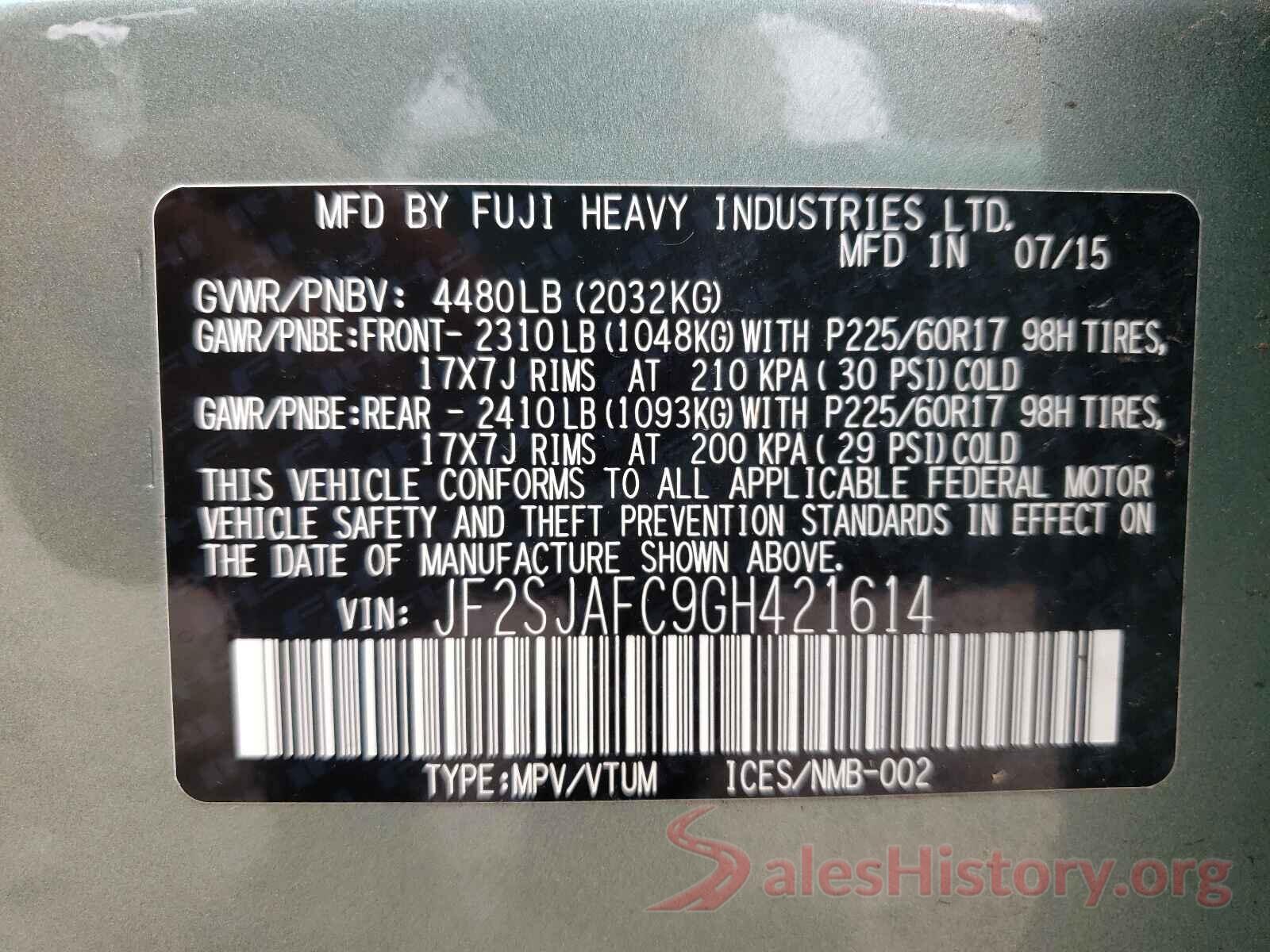 JF2SJAFC9GH421614 2016 SUBARU FORESTER