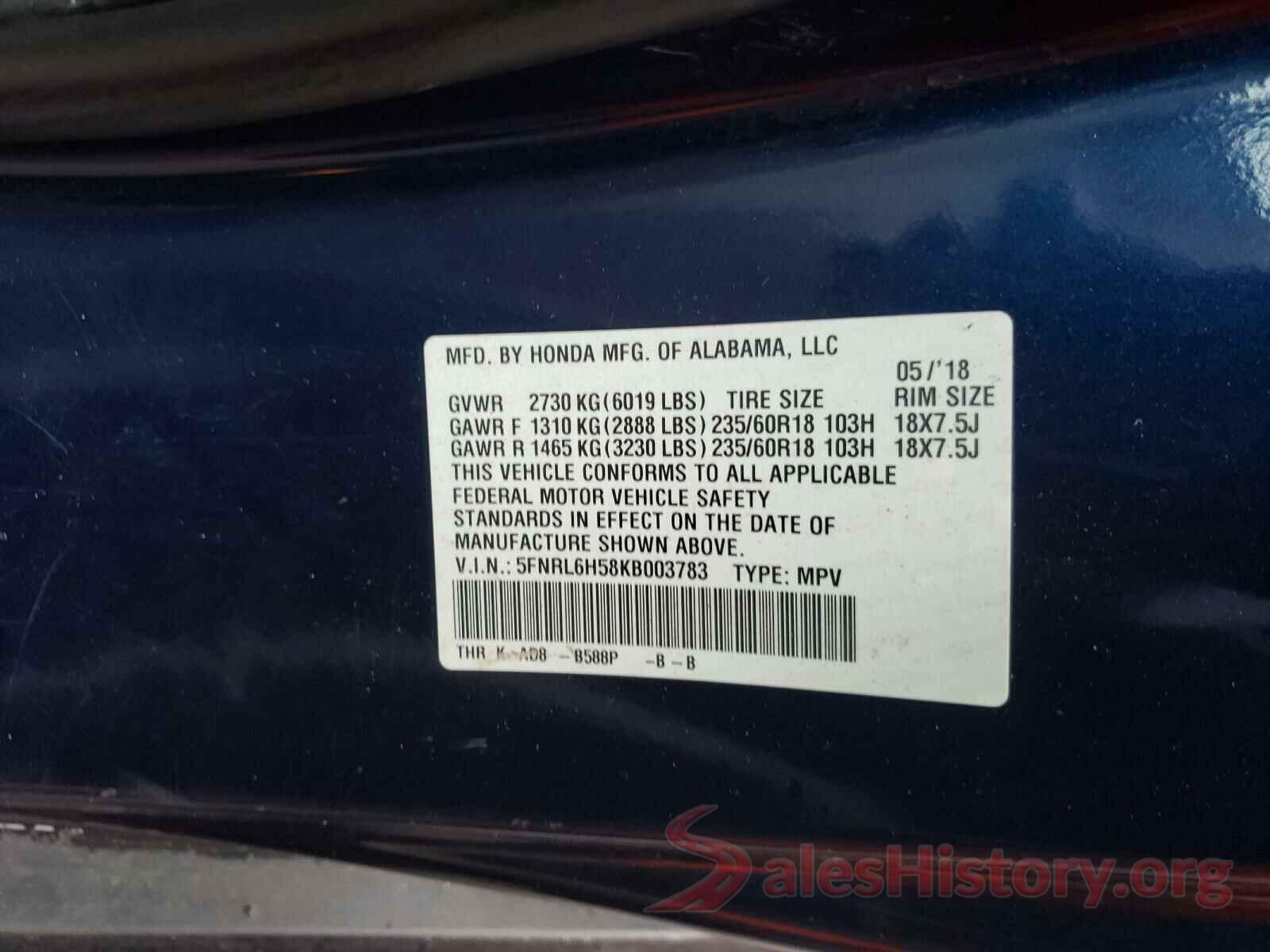 5FNRL6H58KB003783 2019 HONDA ODYSSEY