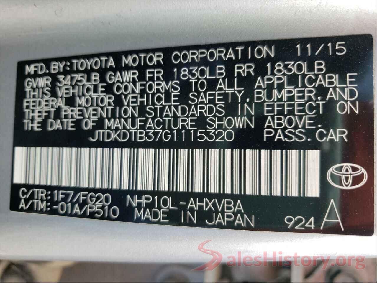 JTDKDTB37G1115320 2016 TOYOTA PRIUS