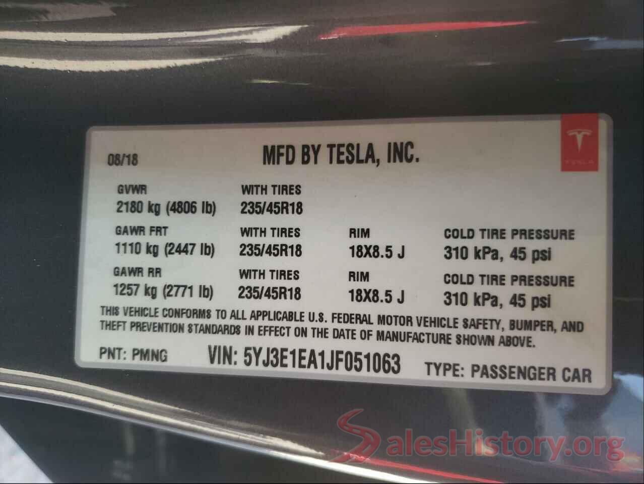 5YJ3E1EA1JF051063 2018 TESLA MODEL 3