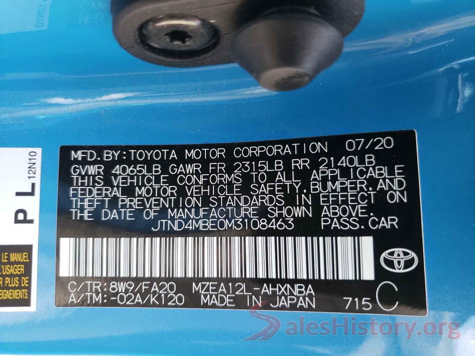 JTND4MBE0M3108463 2021 TOYOTA COROLLA