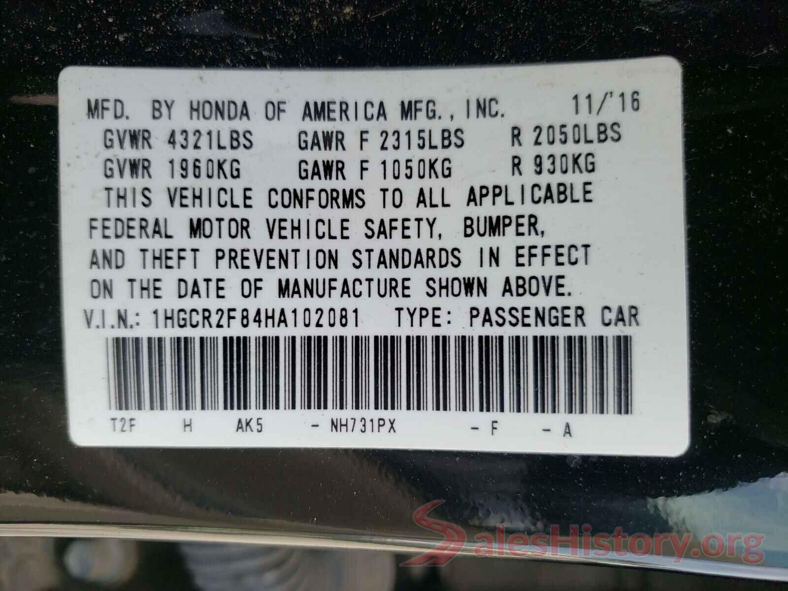 1HGCR2F84HA102081 2017 HONDA ACCORD