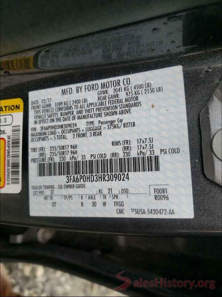 3FA6P0HD3HR309024 2017 FORD FUSION