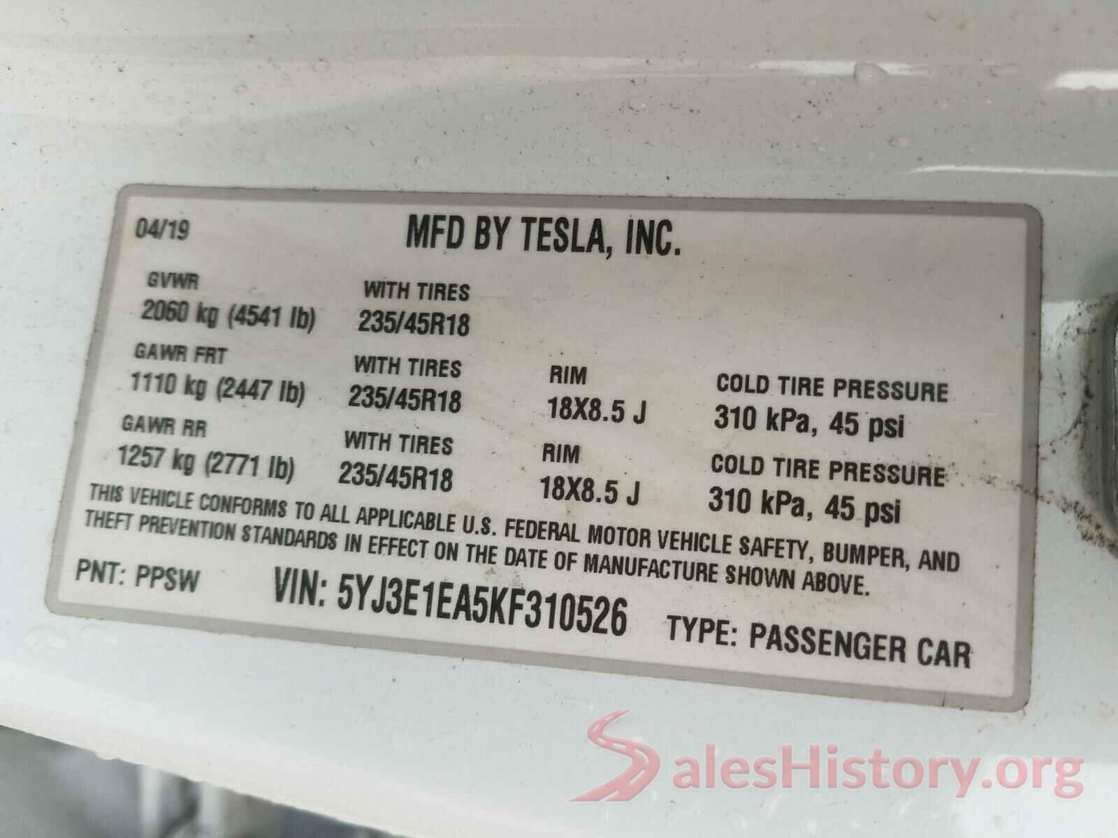 5YJ3E1EA5KF310526 2019 TESLA MODEL 3