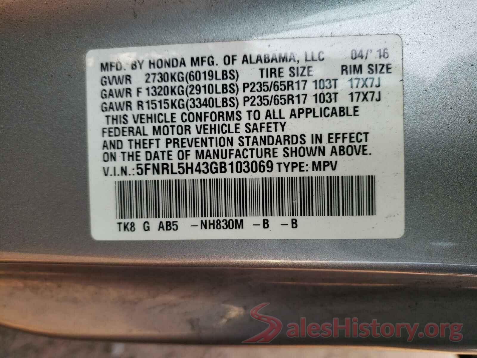 5FNRL5H43GB103069 2016 HONDA ODYSSEY