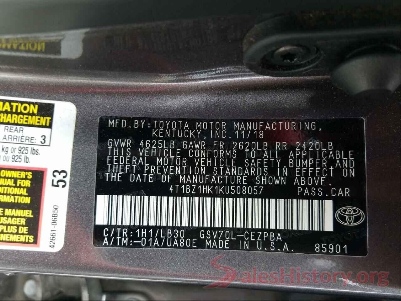 4T1BZ1HK1KU508057 2019 TOYOTA CAMRY