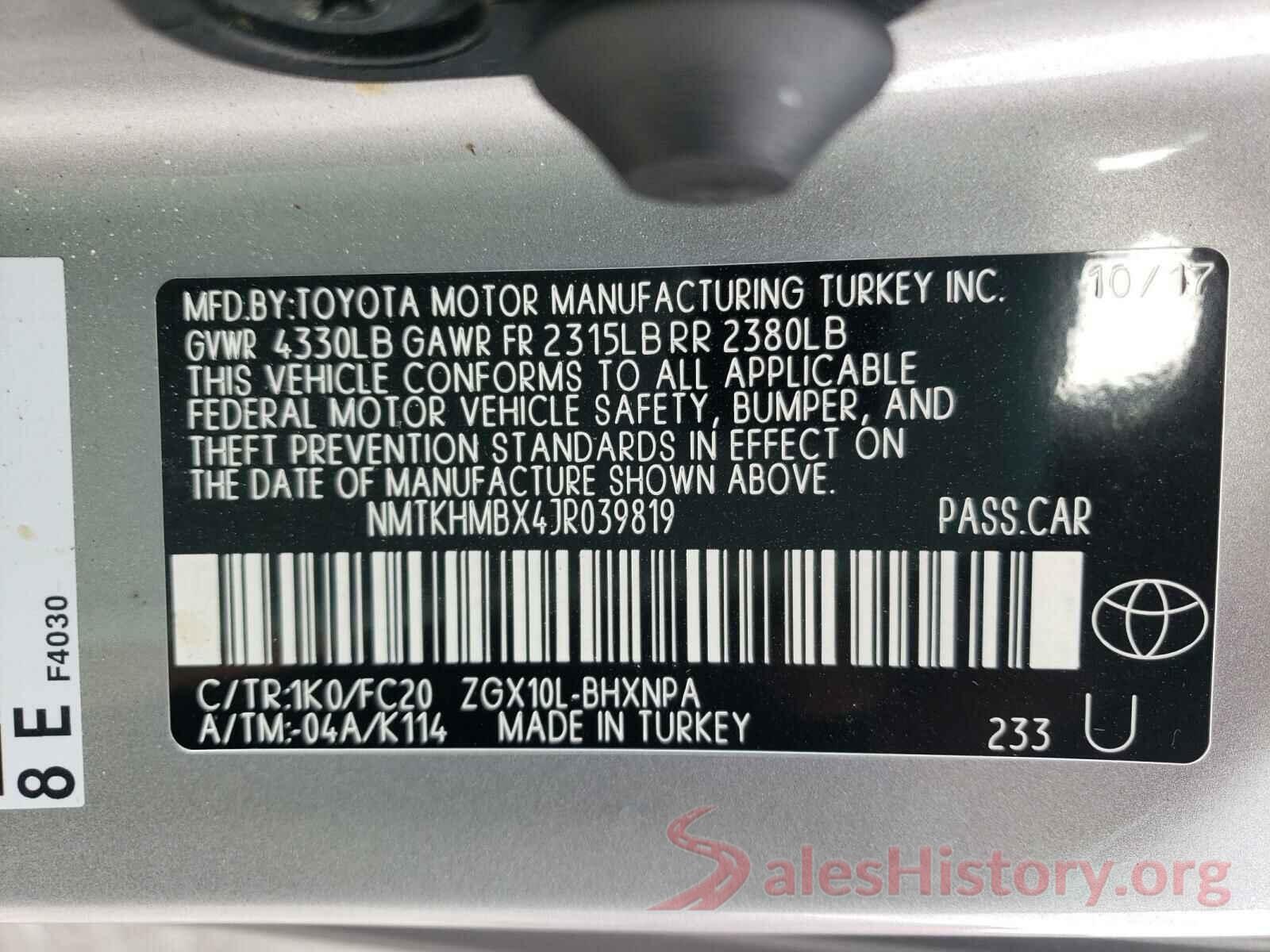 NMTKHMBX4JR039819 2018 TOYOTA C-HR