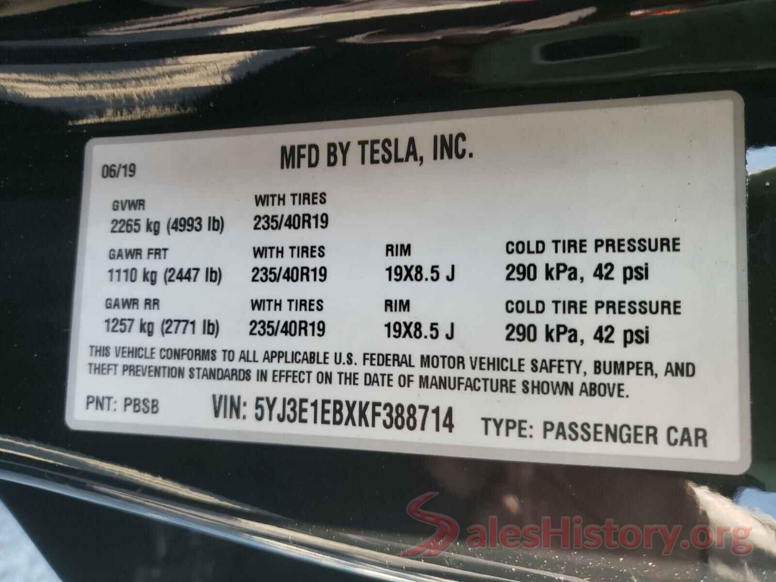 5YJ3E1EBXKF388714 2019 TESLA MODEL 3