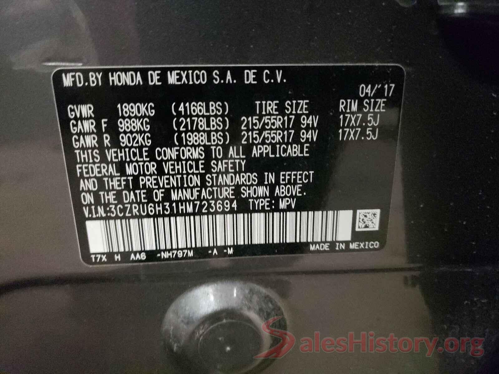 3CZRU6H31HM723694 2017 HONDA HR-V