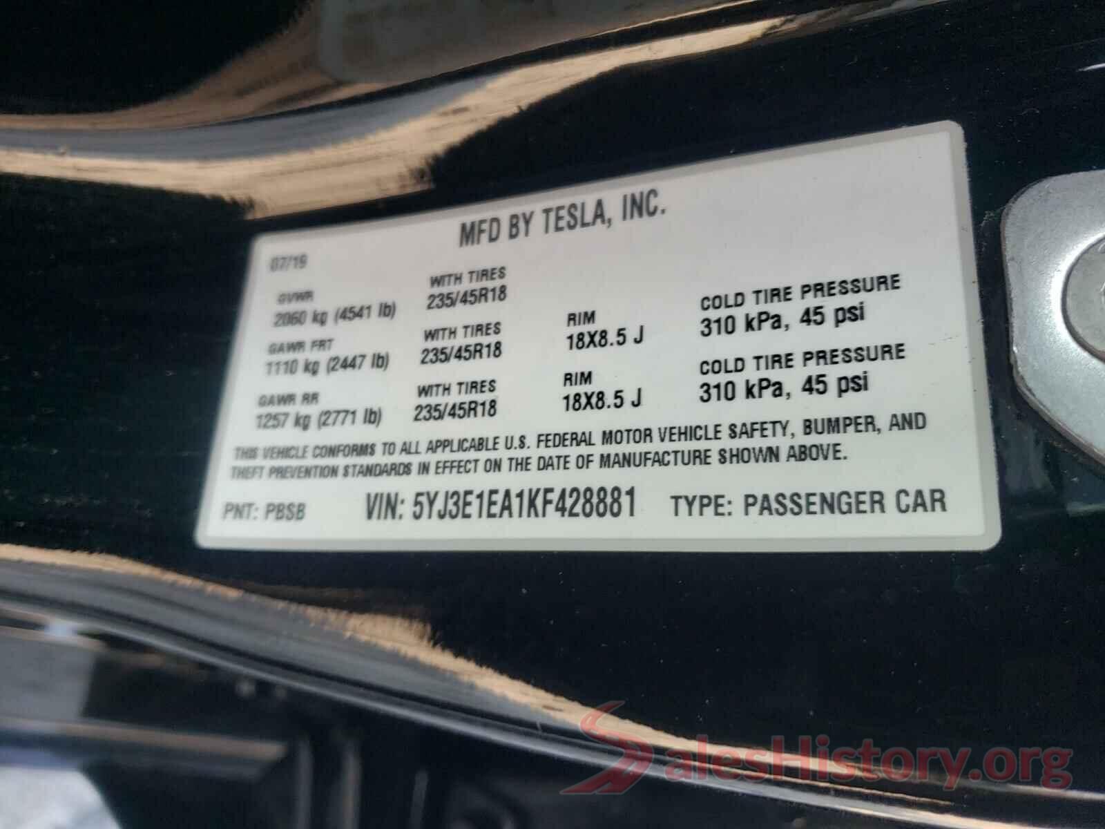 5YJ3E1EA1KF428881 2019 TESLA MODEL 3