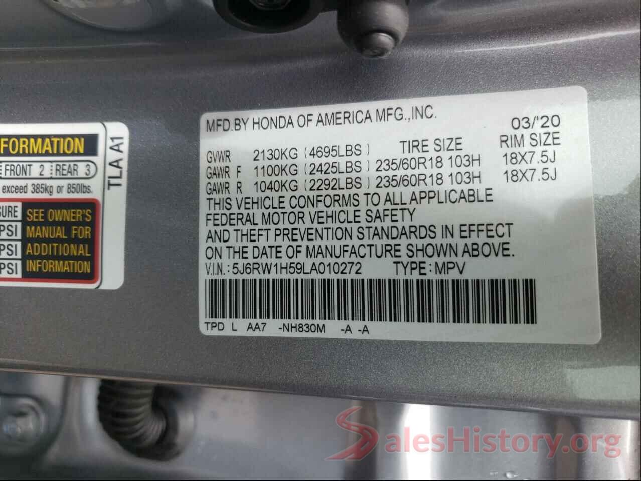 5J6RW1H59LA010272 2020 HONDA CRV