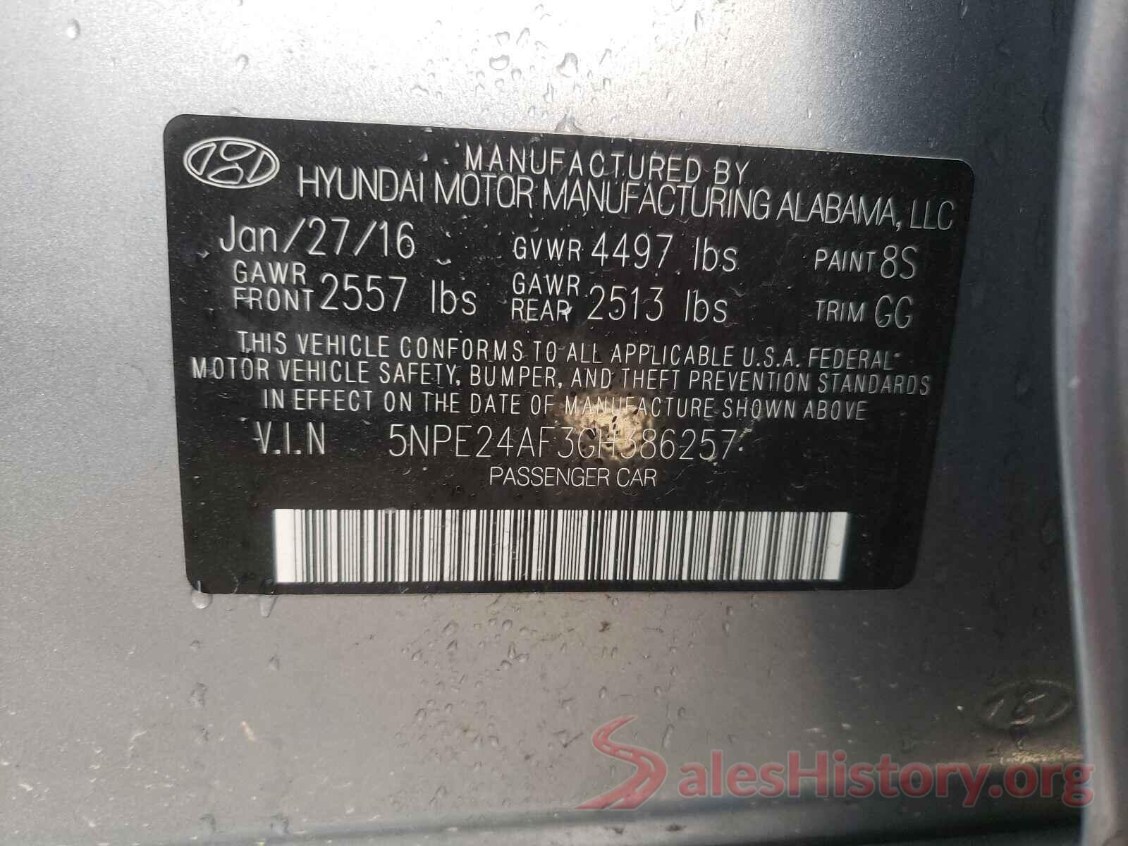 5NPE24AF3GH386257 2016 HYUNDAI SONATA