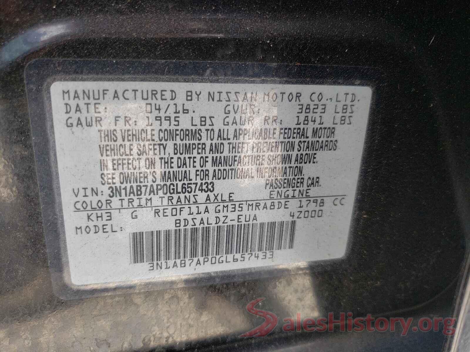 3N1AB7AP0GL657433 2016 NISSAN SENTRA