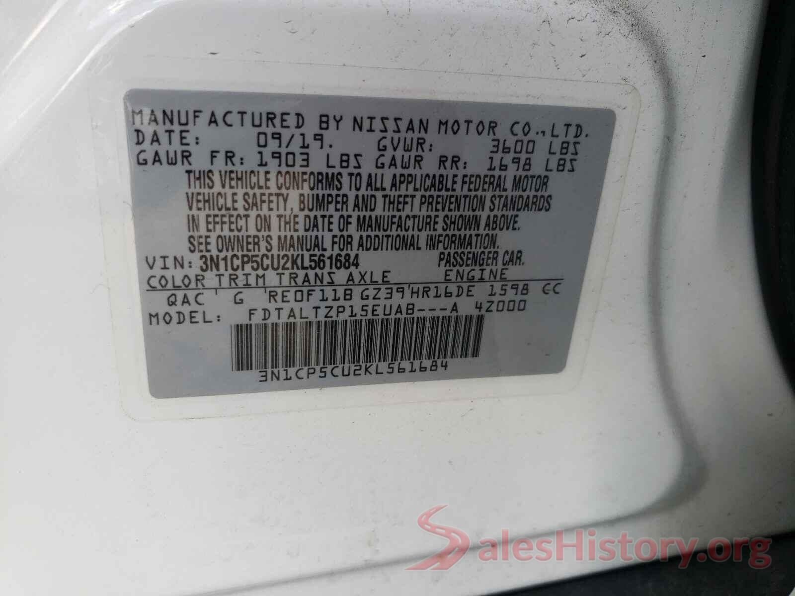 3N1CP5CU2KL561684 2019 NISSAN KICKS