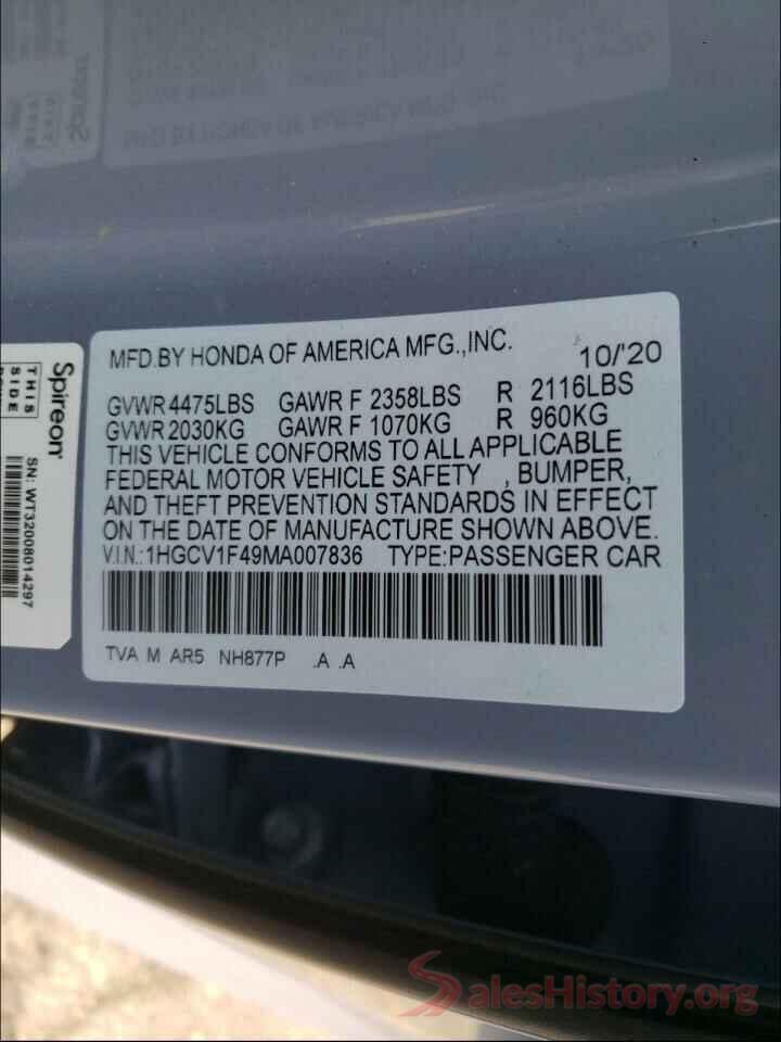 1HGCV1F49MA007836 2021 HONDA ACCORD