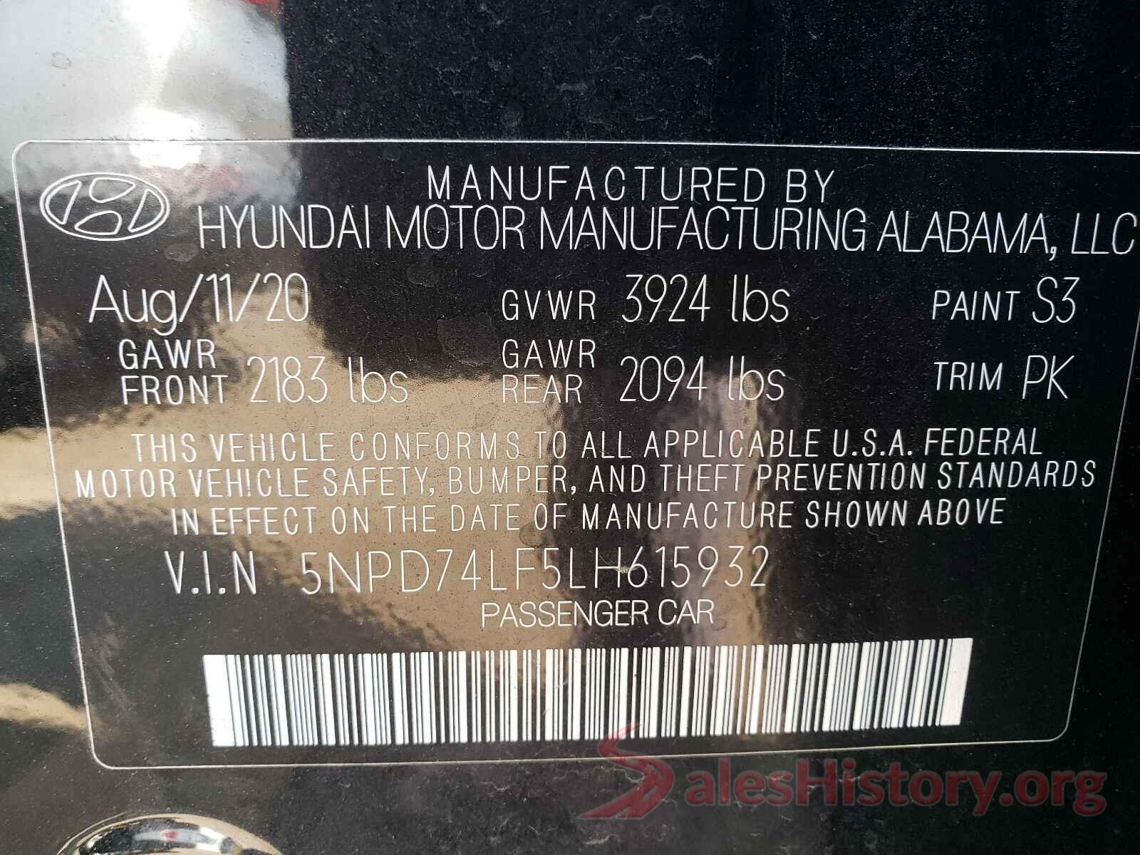 5NPD74LF5LH615932 2020 HYUNDAI ELANTRA