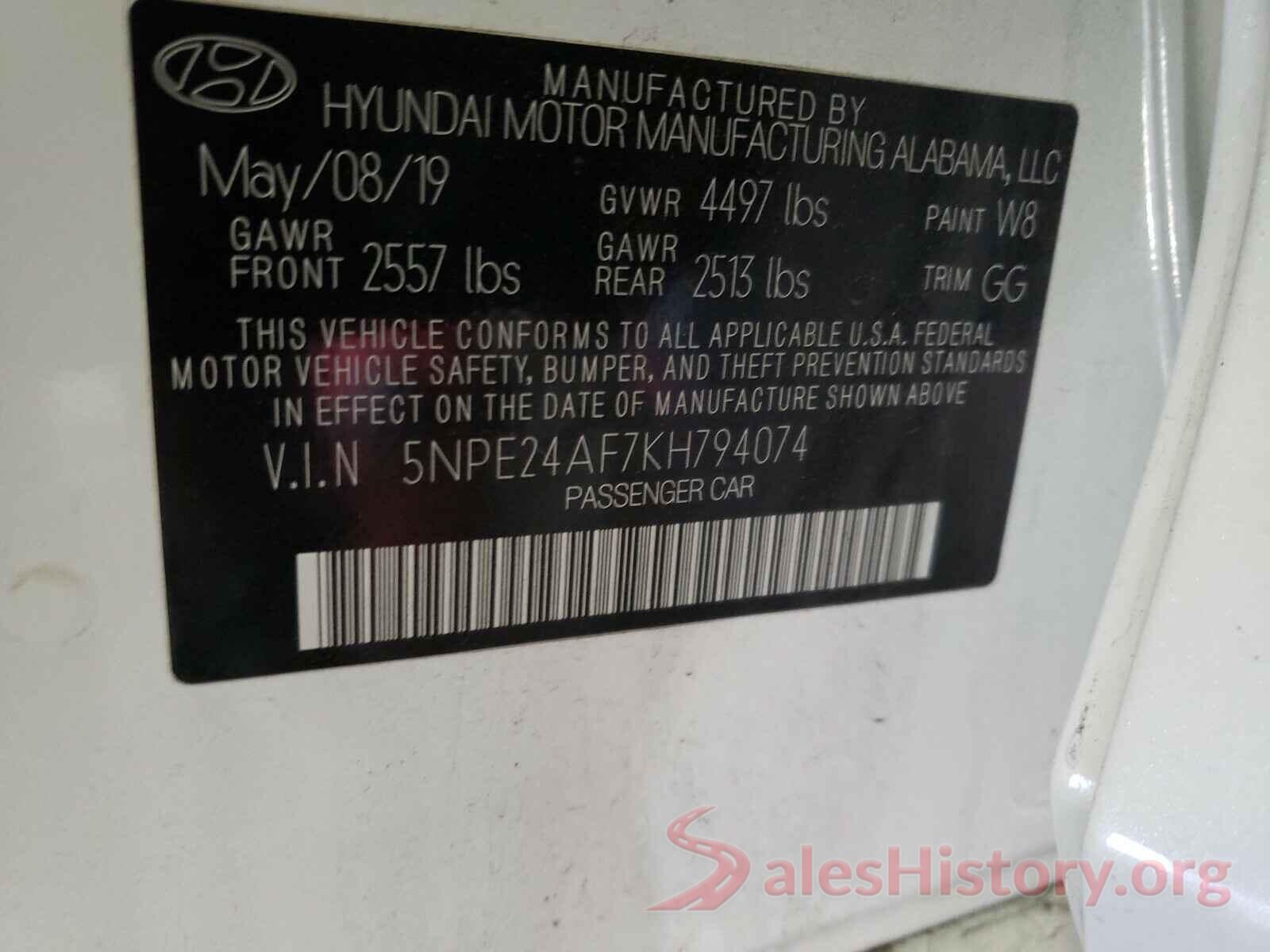 5NPE24AF7KH794074 2019 HYUNDAI SONATA