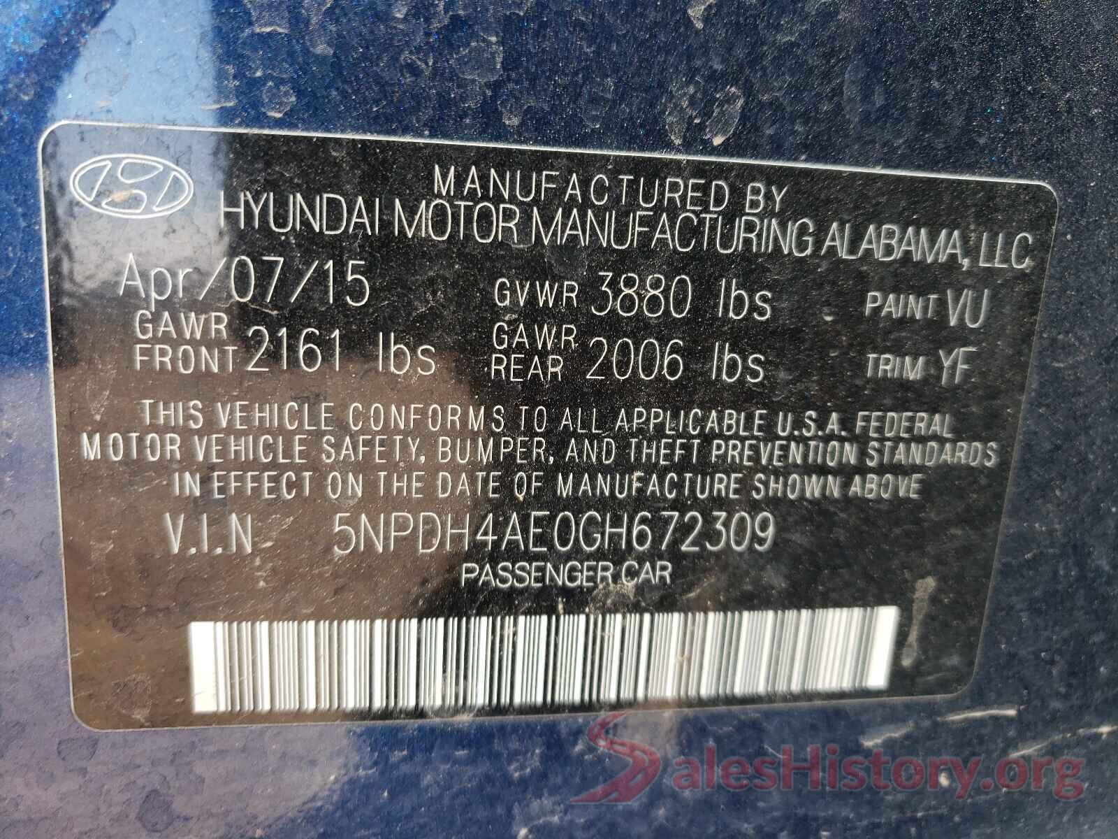 5NPDH4AE0GH672309 2016 HYUNDAI ELANTRA