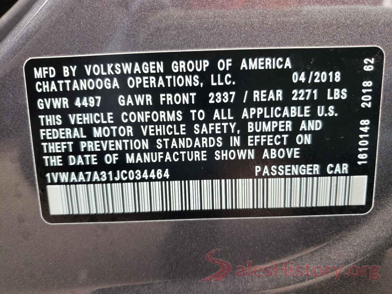 1VWAA7A31JC034464 2018 VOLKSWAGEN PASSAT